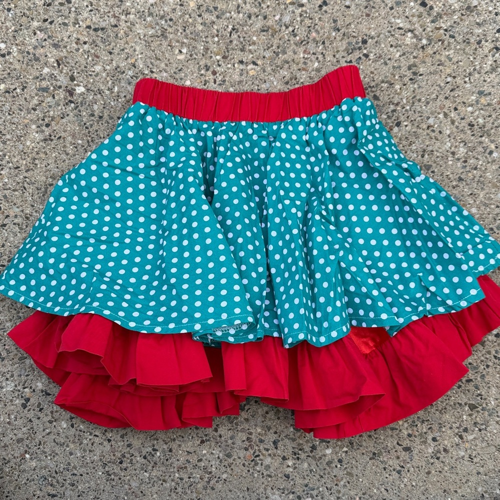 Sweet Charlotte Girls Polka Dot Ruffle Skirt Size 10 Teal Red Cotton